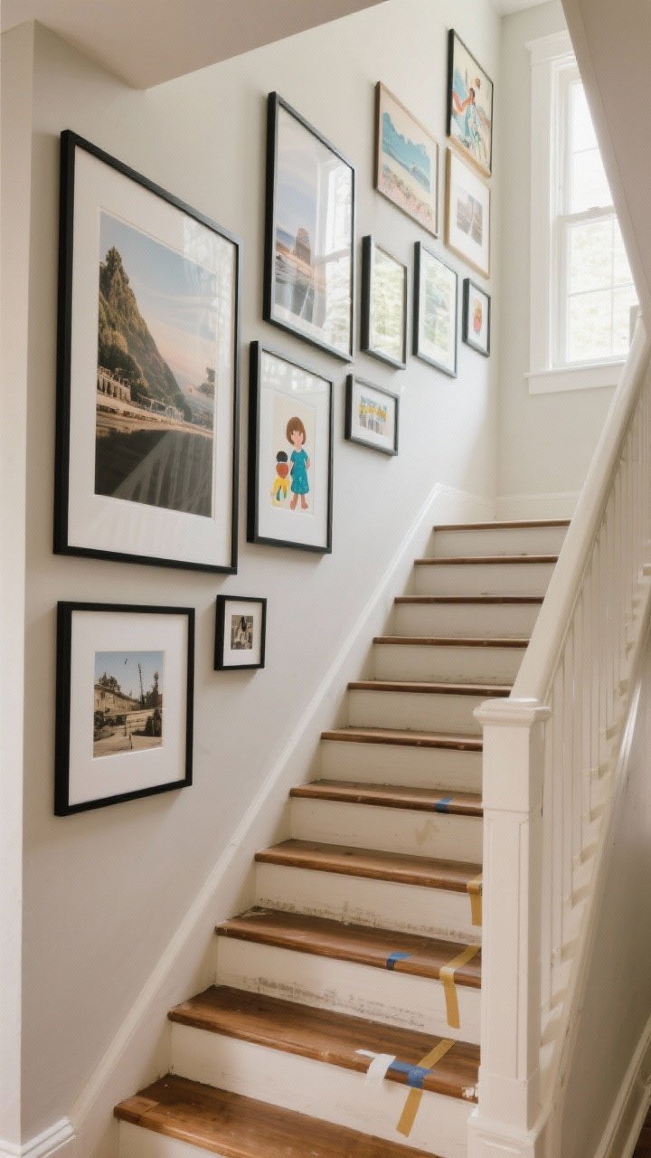 Wide shot: A staircase with a gallery wall flowing up the slope, featuring mixed frame sizes—large hero pieces and smaller frames—with uniform black frames and white mats; layout follows the angle of the stairs, cohesive neutral color palette with sprinkled travel photos, kid art, and vintage prints; warm natural daylight from a nearby window, matte painted walls, medium-toned wood treads, and painter’s tape marks faintly visible on a couple of frames for a collected, not staged vibe.