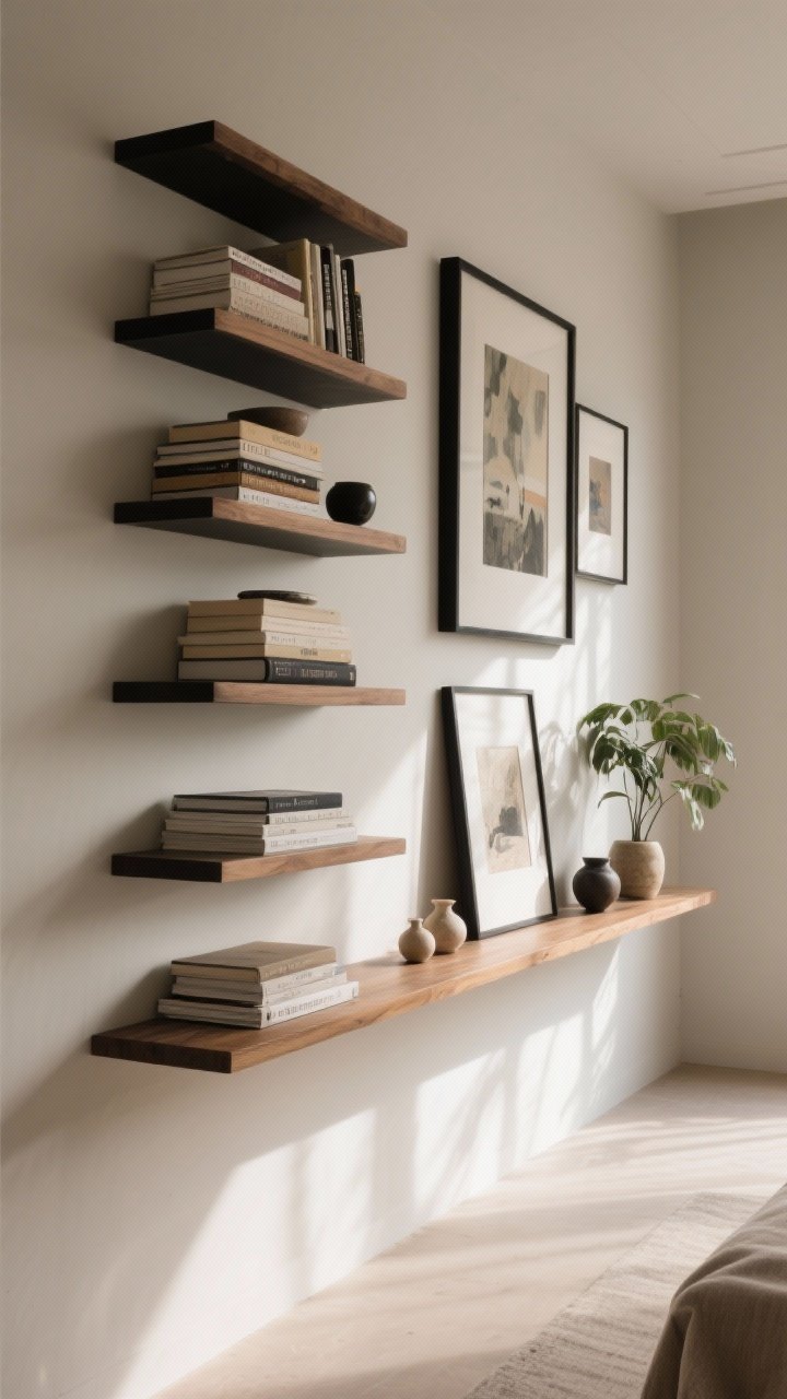 Wide shot: A statement wall with staggered floating shelves and a long picture ledge, styled using the rule of thirds. Books are stacked both horizontally and vertically, layered framed art leans behind small ceramic objects and a plant, creating depth. Neutral palette with warm wood shelves, matte black accents, and linen textures. Side-corner angle with afternoon natural light raking across the wall for soft shadows.