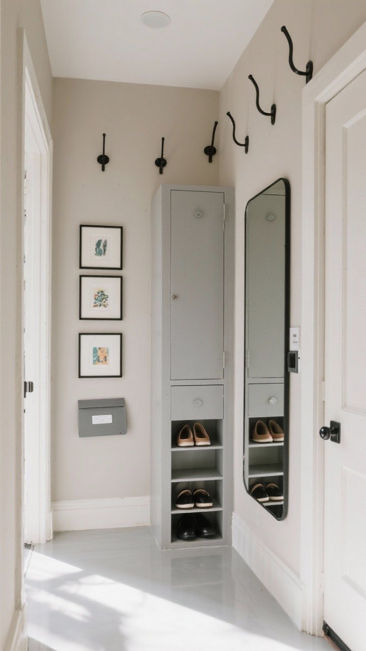 Wide shot: A tiny entryway styled to maximize vertical space, with tall black metal hooks mounted at 70 inches on a pale greige wall, a narrow locker-style vertical cabinet in soft gray for shoes and mail, a stacked vertical gallery of 4 framed art pieces rising toward the ceiling, and a floor-to-ceiling leaning mirror reflecting light; clear floor, matched black hardware, warm natural daylight, minimal decor for an airy height-enhanced feel.