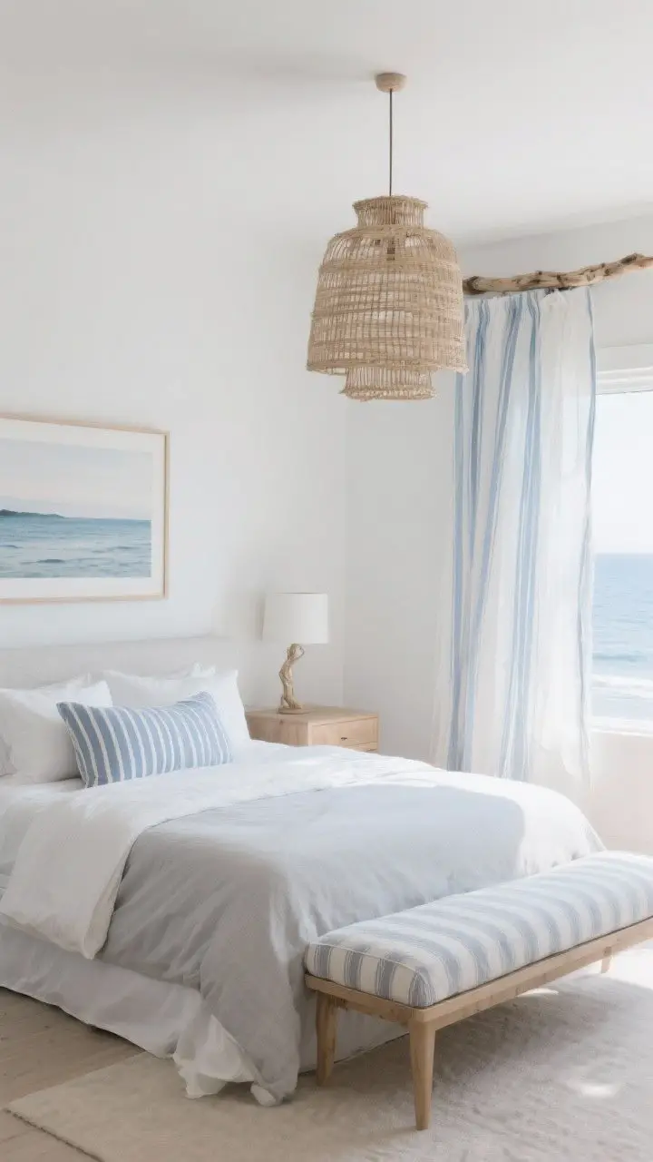 Wide shot, airy and bright: A coastal-calm bedroom using soft grays, misty blues, and sandy neutrals—white or light-oak furniture, sheer linen curtains billowing, a woven light fixture overhead, and driftwood tones; thin blue pinstripes or ticking stripes appear on a bench cushion or pillows; minimal decor with a single framed seascape print; daylight flooding the room for a serene, breezy vibe.