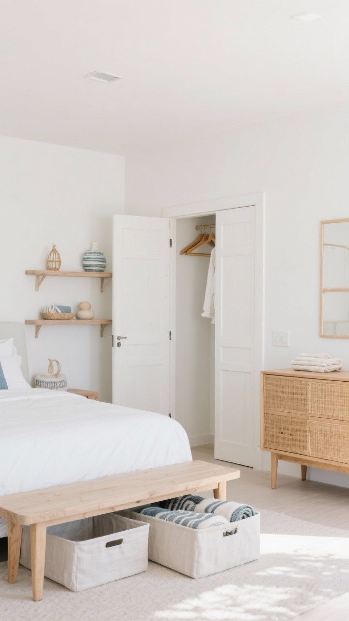 Wide shot: Airy coastal storage solutions—bed with visible legs and linen under-bed bins, a light oak or cane-front dresser, and a storage bench at the foot holding folded throws. Closet doors open slightly to reveal matching white or light-wood hangers. Minimal open shelving with a few curated coastal objects. Bright, uncluttered room with soft natural light, light-looking pieces that hold plenty.