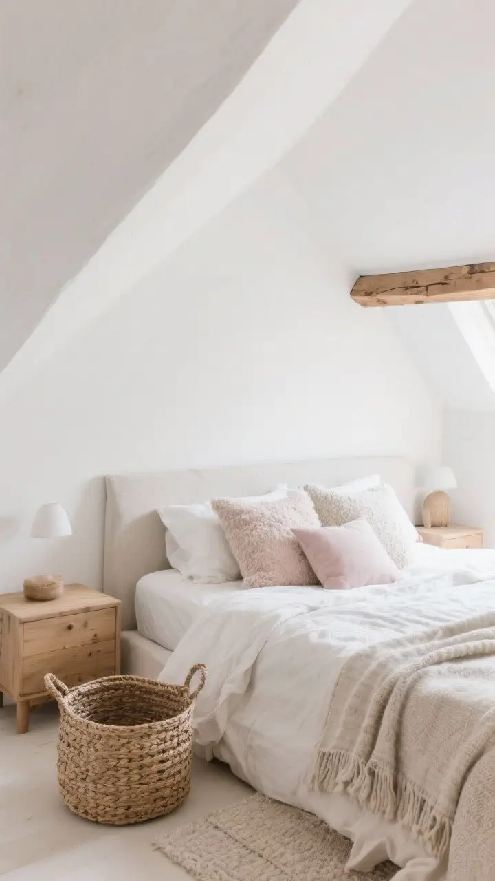Wide shot, airy mood: Attic bedroom enveloped in a light, layered palette—walls and sloped ceilings painted the same soft white for continuity, textures mixed throughout: linen bedding, bouclé throw pillows, woven baskets; pale wood tones in a warm wood nightstand and subtle oak beams; dusty pastel accents in a throw; bright but not sterile natural light, monochrome-with-texture styling, photorealistic.