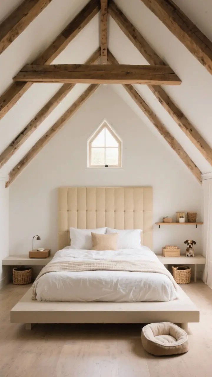 Wide shot: An attic bedroom with sharply sloped ceilings and exposed eaves, furnished with a simple low-profile platform bed tucked beneath the slope, no tall headboard, a padded wall panel serving as a soft headboard substitute, bench-style nightstands and one wall-mounted shelf, storage baskets and a small pet bed slid into the lowest knee-wall area, neutral linens in soft whites and warm creams, natural light from a small gable window, clean minimal styling to emphasize height and avoid head bonks, photorealistic.