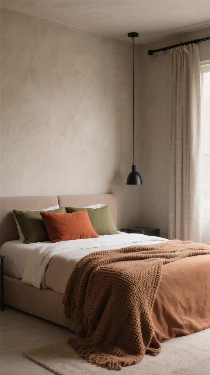 Wide shot: An earthy bedroom cocooned in warm neutrals, with walls painted soft greige/mushroom, a palette of sandy beige, clay terracotta, olive green, smoky taupe, and muted browns. Terracotta and rust throw pillows and a knit throw add warmth on the bed. Black matte metal accents appear in a slim floor lamp and curtain rod for modern contrast. Soft daylight filters through, no people, photorealistic, straight-on view.