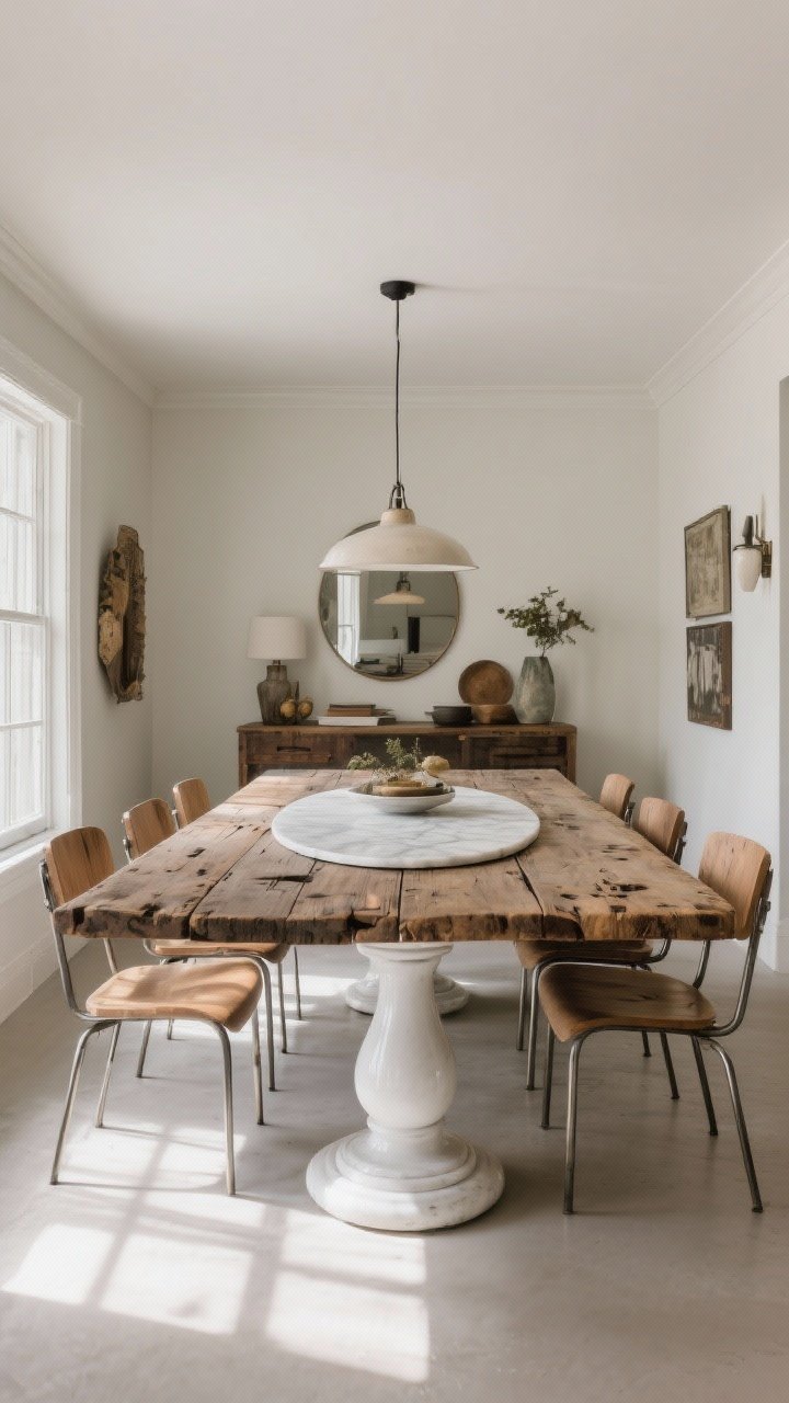 Wide shot: An eclectic dining room anchored by a bold statement table—choose one standout option in-frame: a chunky reclaimed-wood farmhouse table with visible patina scratches and dings, or a glossy white pedestal base table, or a vintage oval marble-top table. Keep chairs intentionally unmatched to the table. Natural daylight with soft shadows. Room proportions: rectangular space, the table centered, neutral walls to let the table lead. Subtle metal chair legs to hint at wood + metal material mix. Mood: curated-cool, intentional, not matchy.