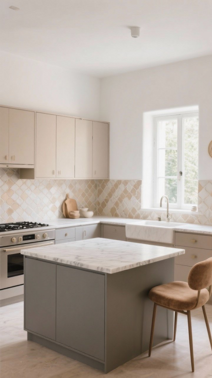 Wide shot: An organic modern kitchen with a warm, neutral base—soft white walls (warm white, not blue-leaning), creamy taupe cabinetry, mushroom-tone island, and muted gray accents. Off-white/sand Zellige-style backsplash tiles with subtle variation, light quartz or honed marble countertops with gentle veining, soft morning natural light through a window, clean lines and minimal decor, photorealistic, no people.