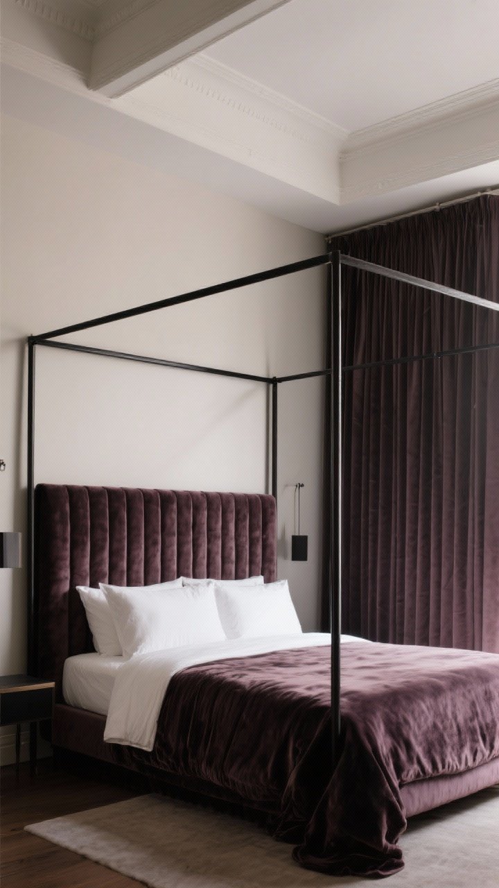 Wide shot: Architectural bed focus—line-frame canopy in black metal under high ceilings, with optional velvet or textured linen upholstery on the headboard; for an alternate nook, a tall vertically channeled headboard suits low ceilings; rental-friendly drapery rods mounted behind the bed with panels forming a faux canopy; deep, romantic color palette and soft shadows.