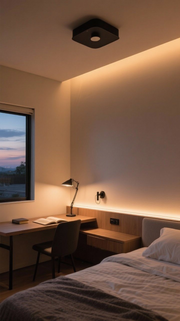 Wide shot at dusk: Layered lighting scheme. Overhead black metal flush mount fixture, adjustable desk lamp on the study area, reading sconce by the bed, and subtle warm-white LED strips backlighting the headboard and under a shelf. Overall warm 2700–3000K glow, cozy and photogenic with balanced shadows.
