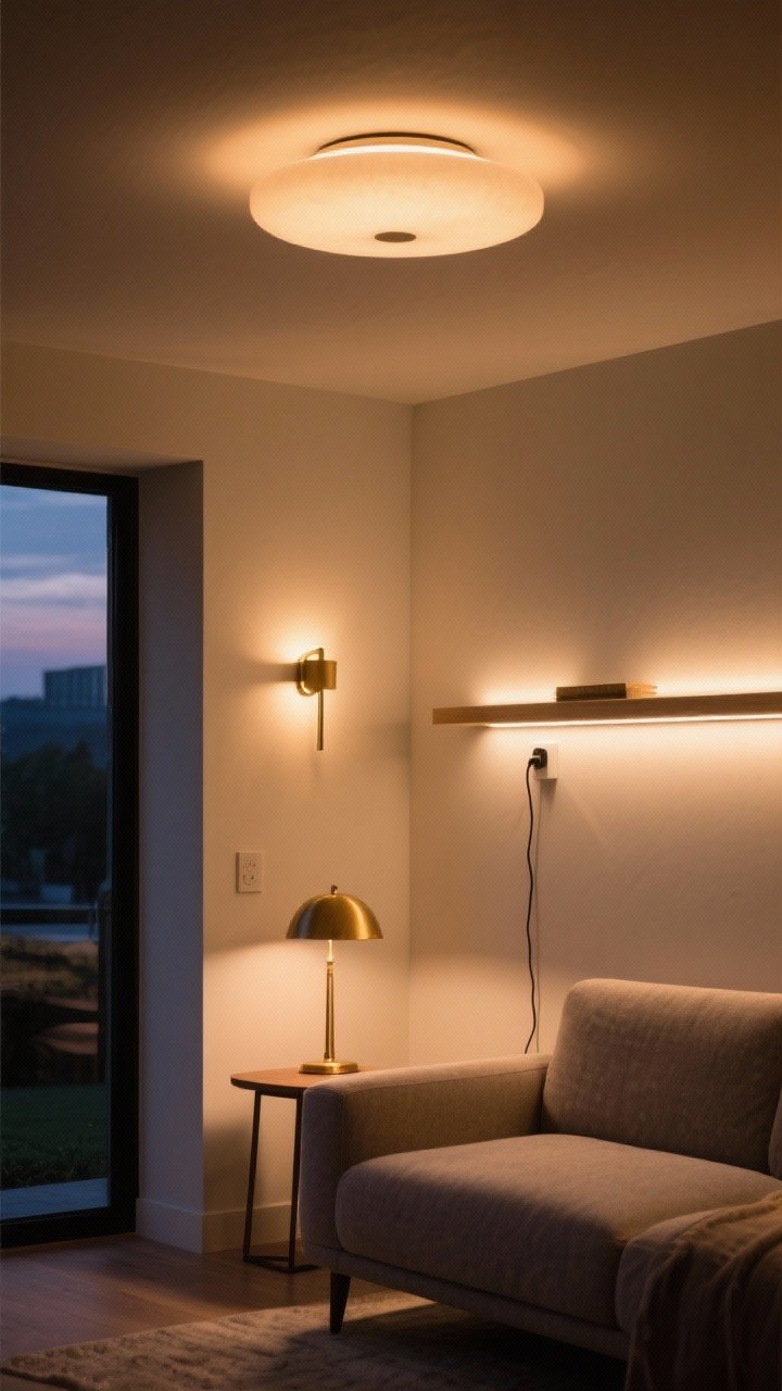 Wide shot at dusk of layered lighting: a warm overhead flush-mount fixture, a brass table lamp for task lighting beside the sofa, and a plug-in wall sconce as accent lighting; optional LED strip subtly illuminating a shelf; walls glow evenly, creating depth and dimension; cords neatly managed; overall ambiance is cozy, not harsh, with mixed light sources at different heights.