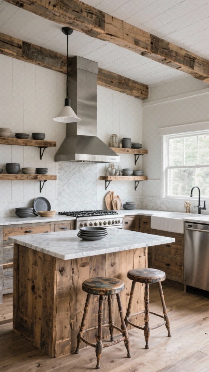 Wide shot, balanced materials: A farmhouse kitchen blending rustic and modern—open reclaimed wood shelves paired with sleek quartz counters, vintage stools at the island, a streamlined modern range hood, matte ceramic dishes, and stainless or panel-ready appliances. Mixed materials—wood, stone, metal, matte ceramics—clean counters and intentional editing for an elevated, uncluttered feel.