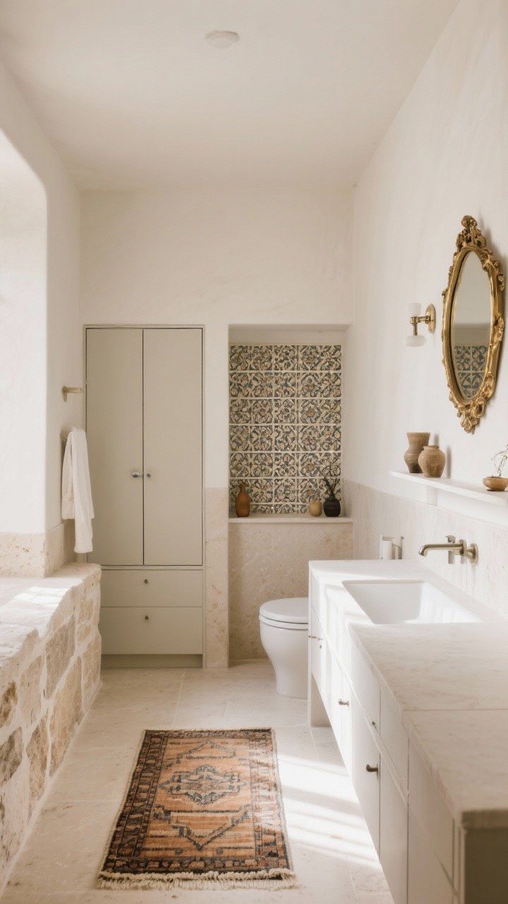 Wide shot balancing old-world charm and modern minimalism: a neutral base bathroom (white, stone, sand) with clean-lined fixtures, one statement element only—either a patterned tile feature OR a vintage rug OR a brass mirror—paired with closed storage to hide clutter and a small open shelf for curated pieces; warm, tranquil daylight, pared-back yet luxurious.