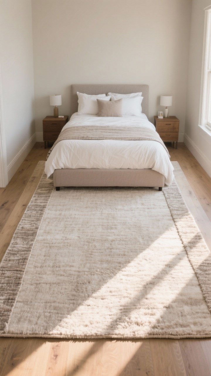 Wide shot: Bed and rug composition—queen bed centered with an 8x10 rug placed under the lower two-thirds, extending generously on both sides; soft neutral rug with subtle texture; alternative view in a small room shows paired runners on each side; morning light grazing the rug fibers; warm and inviting floor feel.