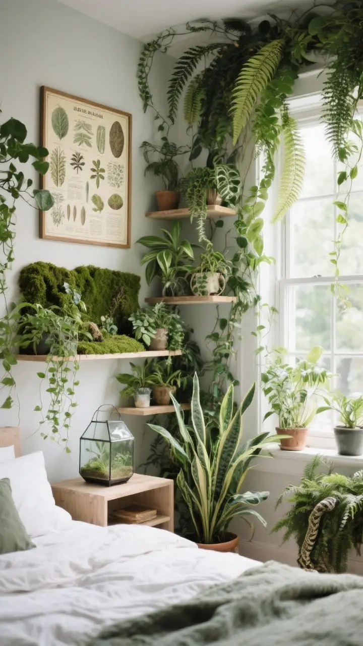 Wide shot: Botanical walls in a bedroom—trailing ivy and ferns around a window, mixed heights of plants on shelves creating a layered mini-forest, preserved moss frame and a glass terrarium on a shelf, a vintage botanical chart hanging above the bed, easy-care plants like pothos and a snake plant near the base, soft daylight filtering through, organic, lush feel, photorealistic.