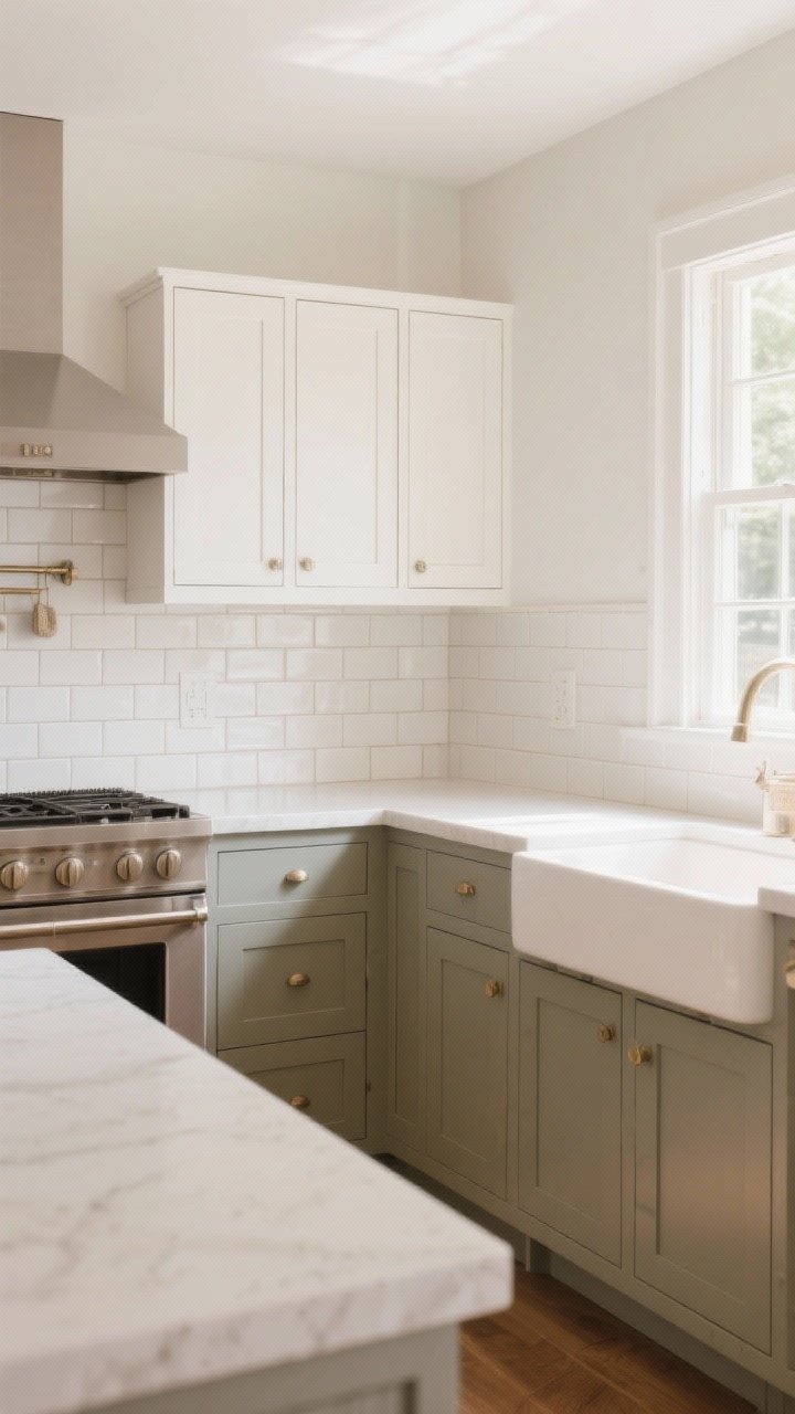 Wide shot, bright daylight: A farmhouse kitchen with warm white walls (Swiss Coffee), creamy taupe and soft gray accents, and two-tone cabinetry—white uppers and warm sage-gray lowers—paired with a matte white subway tile backsplash and low-contrast grout. Airy, calm mood with gentle greige tones; clean counters, soft natural light from a window washing over the neutral palette.