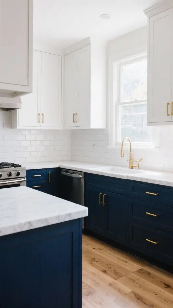 Wide shot: Bright kitchen with rich navy base cabinets (Hale Navy/Railings vibe) and white upper cabinets, warm white walls, light oak floors. Matte brass pulls on the lowers, simple black or chrome hardware on uppers, white subway tile backsplash, white quartz countertops. Natural daylight from a window, airy and balanced, straight-on perspective emphasizing dark-on-bottom, light-on-top contrast.
