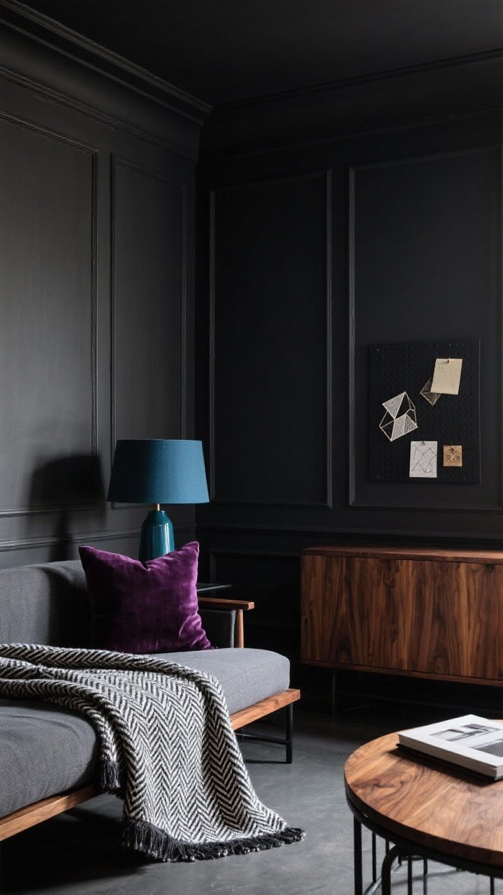 Wide shot capturing a curated dark palette: charcoal walls and trim as the base, secondary materials of walnut wood and black metal, and a precise accent of aubergine velvet on a cushion; subtle patterns—herringbone throw and small-scale geometric pinboard—add sophistication without chaos; a petrol blue lamp provides the single, restrained pop.