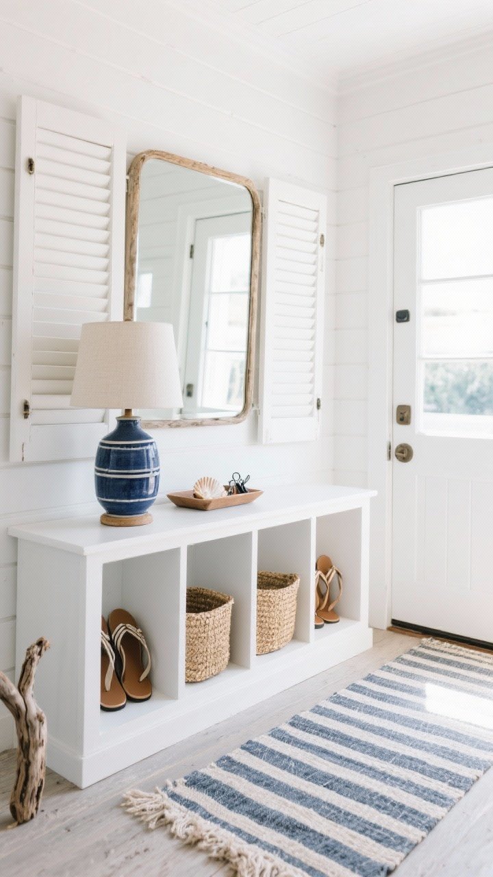 Wide shot, coastal entry: crisp white louvered console with doors ajar showing breathable compartments, lower cubbies fitted with seagrass bins for sandals; striped runner along the floor; weathered driftwood mirror above; ceramic lamp with navy base on console next to a small shell tray for keys; bright, breezy natural daylight; palette of white, navy, natural textures; straight-on, airy feel.