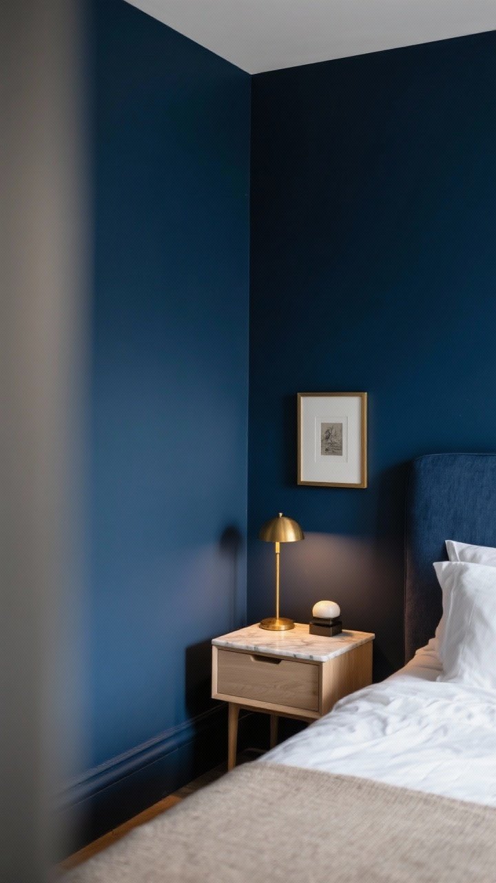 Wide shot: Cocooning small bedroom in deep navy (Hague Blue/Naval) with blurred corner boundaries for moody elegance. Light, streamlined furniture: pale wood nightstands, crisp white sheets, brass accents (lamp, picture frame), and a small marble-topped side table. Warm bulbs create a luxe glow. Photorealistic, dramatic yet tranquil, straight-on viewpoint.
