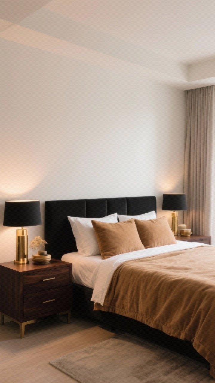 Wide shot: Color story built from three tones—warm white walls in matte finish, camel textiles, and matte black accents; espresso wood nightstands as supporting contrast; brushed brass elements subtly incorporated; cohesive palette across bedding, drapery, and decor; soft, warm evening lighting that whispers luxury without glare.