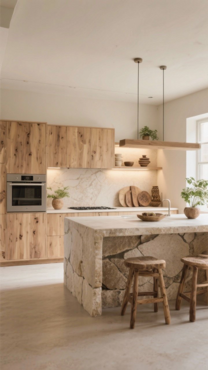 Wide shot, concluding mood: An organic modern kitchen that balances clean lines with cozy textures—warm neutral base, natural wood cabinetry, subtle stone movement, layered lighting, a few meaningful handmade pieces, and restrained greenery. Airy, uncluttered, calm atmosphere with soft, even natural light, photorealistic, no people.