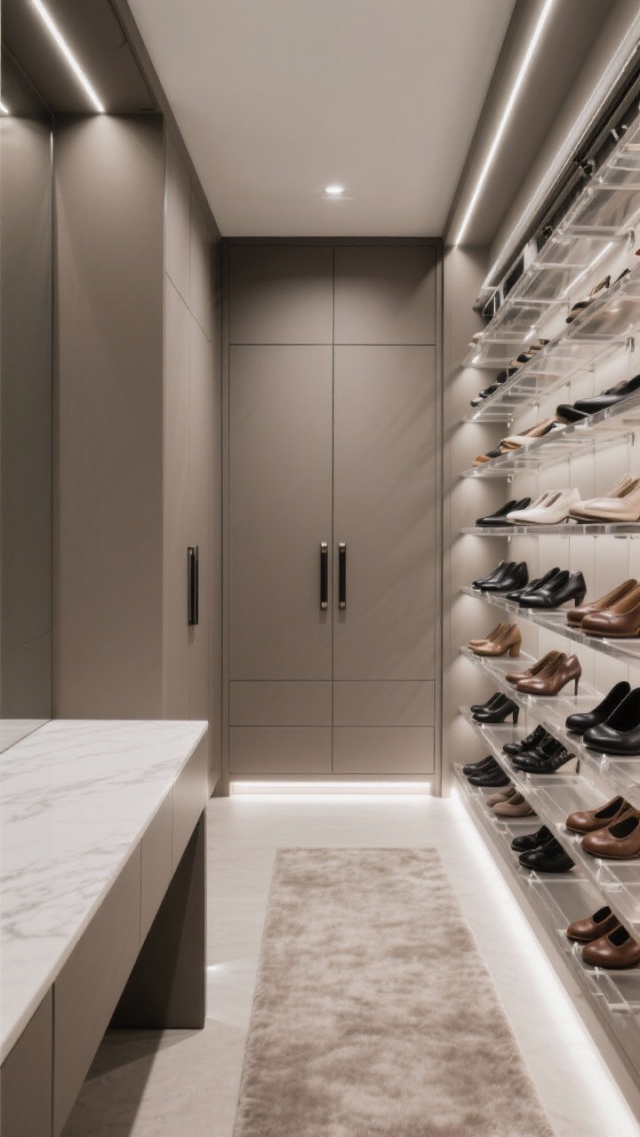 Wide shot, contemporary closet: tall matte taupe cabinetry with pull-down shoe racks gliding to eye level, integrated LED strips illuminating pairs on clear risers with dust covers; leather tab pulls; narrow island with waterfall top; plush runner along floor; motion-sensor lighting just activated, soft white and matte black accents; sleek, organized, straight-on symmetrical framing.