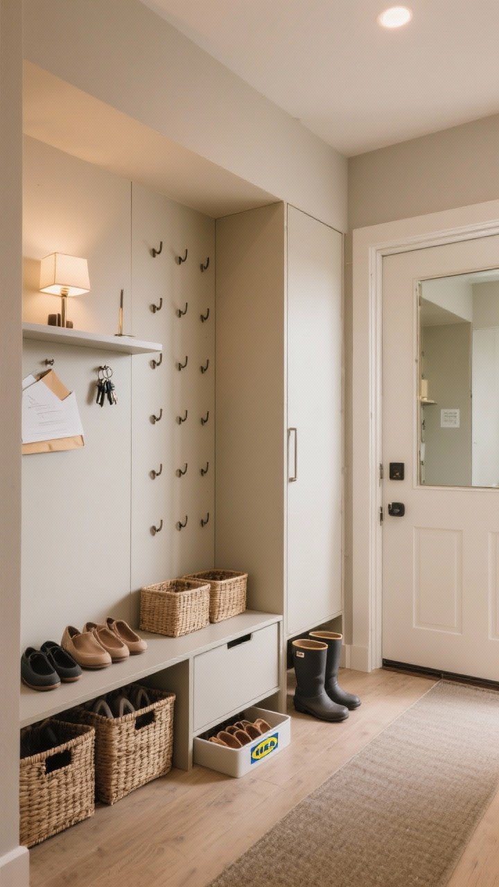 Wide shot, corner angle: A micro-mudroom layout divided into zones—Zone 1: a floating narrow shelf with keys, mail, and a tiny lamp; Zone 2: a vertical row of hooks and a slim wardrobe cabinet; Zone 3: closed baskets and a shallow shoe cabinet (IKEA style) lined up neatly; Zone 4: a full-length mirror; a single continuous runner connects all zones; small boot tray by the door; cohesive neutral palette and warm, inviting light.