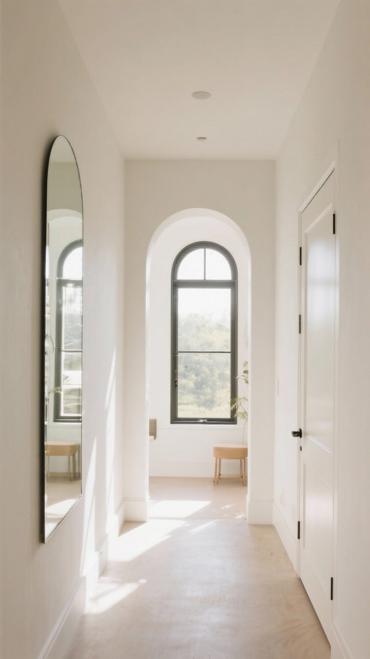 Wide shot, corner angle: Mirror-focused entryway with an oversized arched mirror opposite a window to bounce light, a long rectangular mirror along the adjacent wall to elongate, and a closet door clad in an edge-to-edge mirror panel; soft white walls, warm daylight flooding in, minimal furnishings to emphasize scale and reflection.