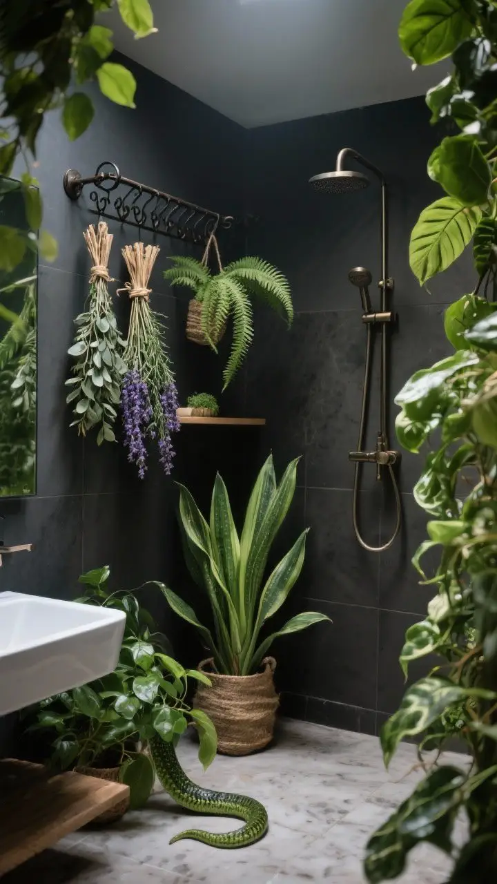 Wide shot, corner perspective: Lush bathroom greenery with snake plant on the floor, pothos and philodendron trailing from hanging planters, and ferns on a shower shelf; dried bundles of eucalyptus, rosemary, and lavender tied with twine hang from a wrought-iron rack and a shower arm; deep green leaves popping against dark walls; soft, humid light; photorealistic.