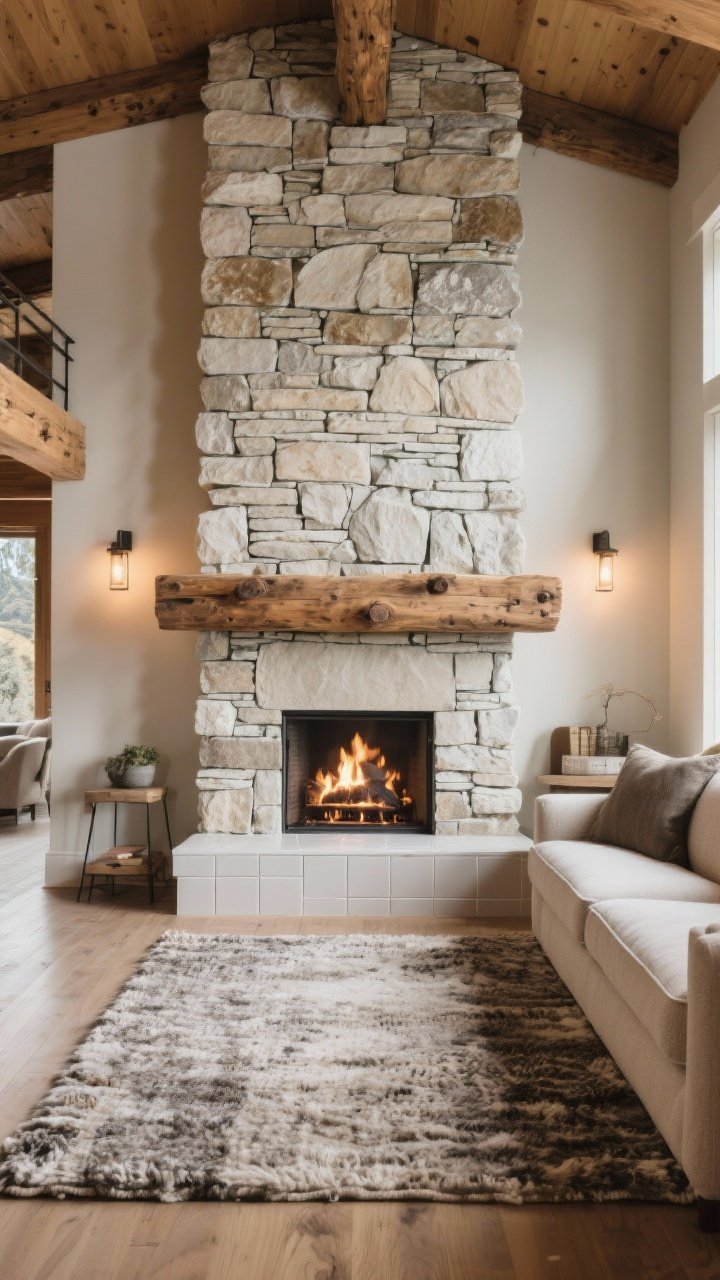 Wide shot, cozy living room with stacked stone ledger panels running from fireplace to ceiling, light-toned stone to keep a smaller room airy, anchored by an oversized reclaimed wood beam mantel, mountain-modern vibe with a textured wool rug and neutral sofa, note suggesting porcelain-lookalike stacked tile for a cleaner, dust-free finish, warm firelight and ambient sconces.