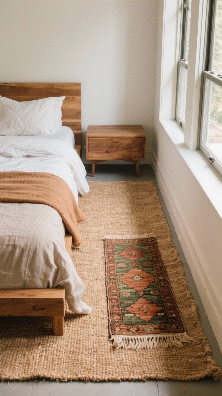 Wide shot: Cozy rug strategy grounding the bedroom—a large jute base rug in warm tan extends 8–12 inches beyond the bed, layered with a smaller vintage rug near the foot featuring clay, moss, and rust tones. In a narrow layout, a low-pile runner on one side of the bed. Natural wood furniture and linen bedding complete the scene. Bright natural daylight, corner angle.