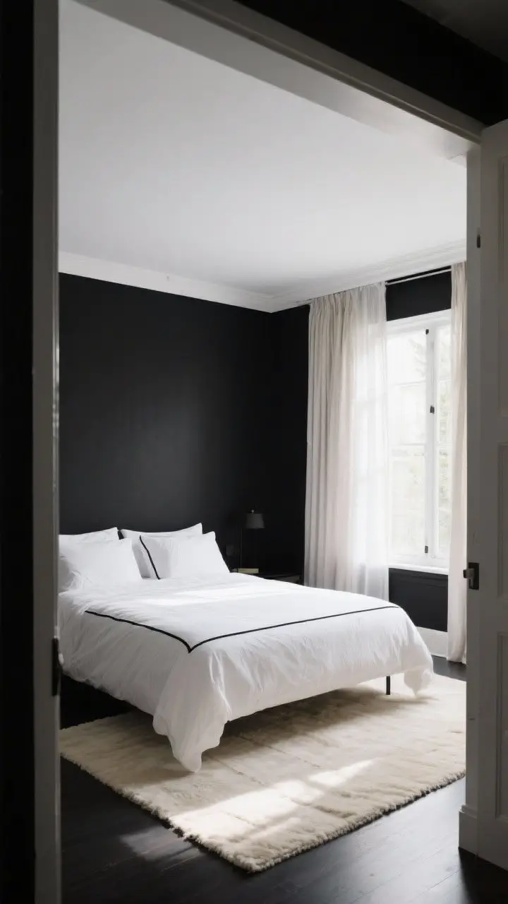 Wide shot: Crisp balance of black and white—matte black walls with a bright white ceiling; bed dressed in white bedding with black piping, layered with light, sheer curtains and additional light drapery panels to filter daylight; a cream rug grounds the space; morning natural light fills the room to showcase contrast; perspective from doorway for an airy feel.