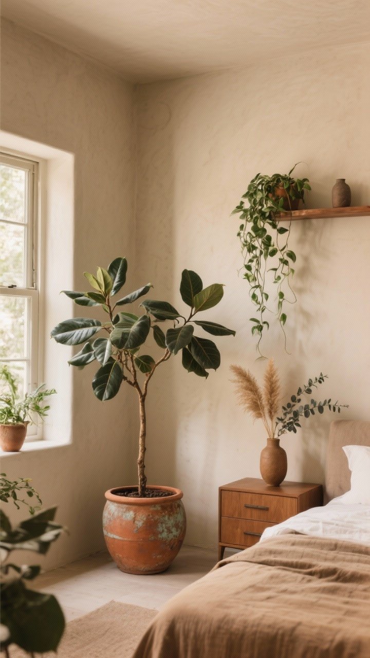 Wide shot: Earthy bedroom with a few statement plants—an olive tree in a chunky, patinaed terracotta planter in the corner, a rubber plant near the window, and a trailing pothos cascading from a wall shelf. A small vase with dried pampas and eucalyptus on a dresser. Warm neutral palette, natural light, minimal quantity of plants for calm balance. Corner angle, no people.