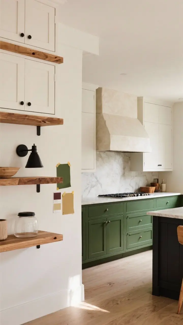 Wide shot: Earthy-not-muddy color palette—warm white upper cabinets, oak shelves, black fixtures for a classic bright look. Alternate vignettes visible: deep green lower cabinets beneath a smooth plaster hood for a moody touch, charcoal island paired with natural wood uppers. Test paint swatches taped to the wall, viewed in mixed daylight and ambient light to show shifting tones.