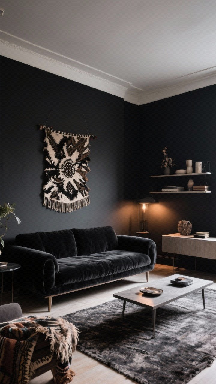 Wide shot: Edited dark boho living room with negative space and one wild card showstopper—a black velvet daybed centered as the focal point. Surroundings are intentionally pared back after a three-surface check: simplified coffee table, streamlined console, and tidy shelving. Include dark walls, warm lighting, and layered textures, but let the daybed shine. Angle: corner wide angle showing balance between curation and drama.