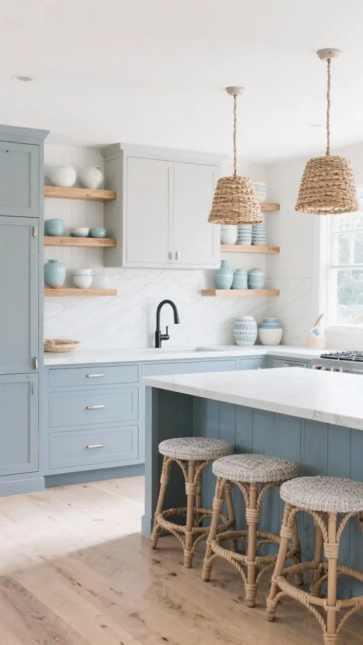 Wide shot: Elevated coastal kitchen with soft gray-undertone blues on cabinetry, white oak accents, woven pendants, and rope-detail counter stools. Textured ceramics in pale blues and whites on open shelves, matte black faucet for contrast (polished nickel secondary fixtures). Breezy natural light, light oak floors, relaxed airy vibe, corner perspective.