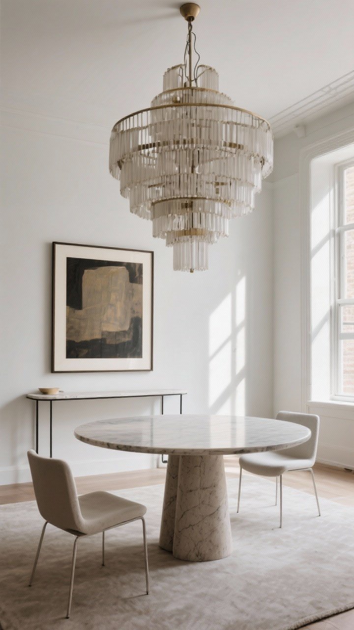 Wide shot emphasizing contrasts in scale: Play with proportion—oversized chandelier above a small round table, or large art in a simple frame over a delicate console, with chunky table legs paired with slim, airy chairs. The visual tension reads intentional and dynamic. Crisp daylight from a side window, shadows defining large forms without losing detail.