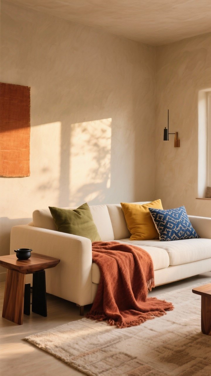 Wide shot emphasizing earthy, sun-kissed colors: walls in warm beige, textiles layered in terracotta, sand, and indigo; a rust throw over a cream sofa, olive and mustard pillows, walnut wood accents on a side table, matte black hardware details; a small pop of indigo in a patterned pillow; golden-hour light streaming in to warm up the palette