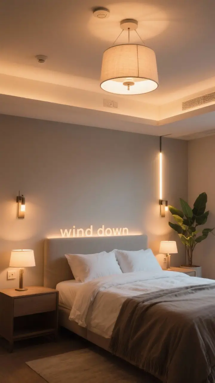Wide shot emphasizing lighting layers: A bedroom with three-point lighting—ambient overhead fixture with a dimmer and frosted/fabric shade, warm bedside task lamps or wall-mounted sconces (2700–3000K), and a subtle accent uplight behind a plant or a smart LED strip behind the headboard. Set to a “wind down” scene at 30% brightness with a warm tone. No people, cozy mood.
