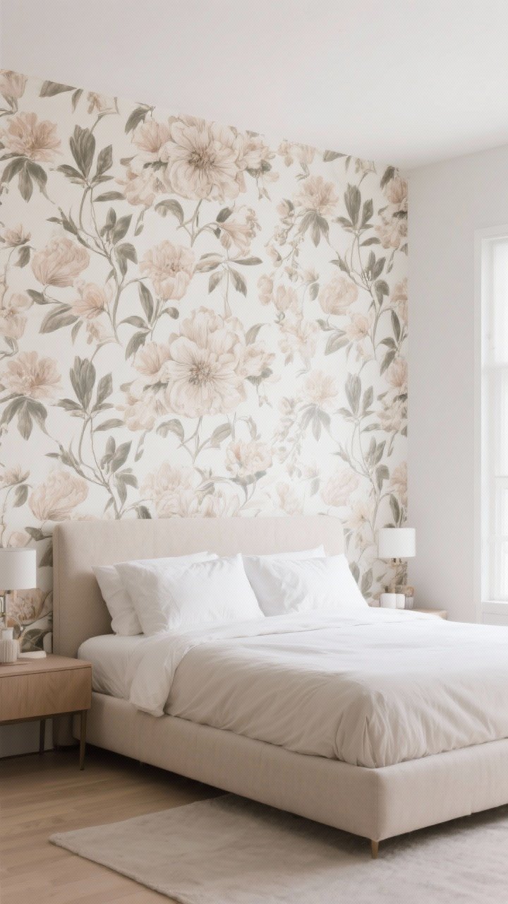 Wide shot emphasizing wallpaper as an accent: peel-and-stick large-scale floral wallpaper anchoring the bed wall, the rest of the room in soft neutrals; or a headboard-shaped mural cut of the same print for a focused moment; clean lines, minimal decor so the pattern wows without overwhelming; gentle daylight, fresh and modern