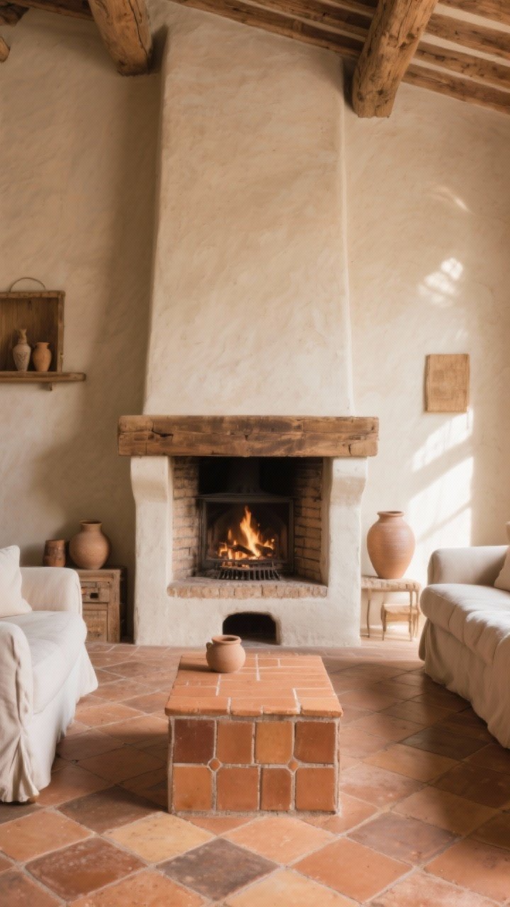Wide shot, European farmhouse-inspired living room featuring terra-cotta tile hearth in small square and hex shapes, warm earthy tones with natural variation, sealed with a matte protector to deepen color, paired with plaster or limewashed chimney breast, rustic wood mantel and simple pottery, gentle morning light for inviting warmth.