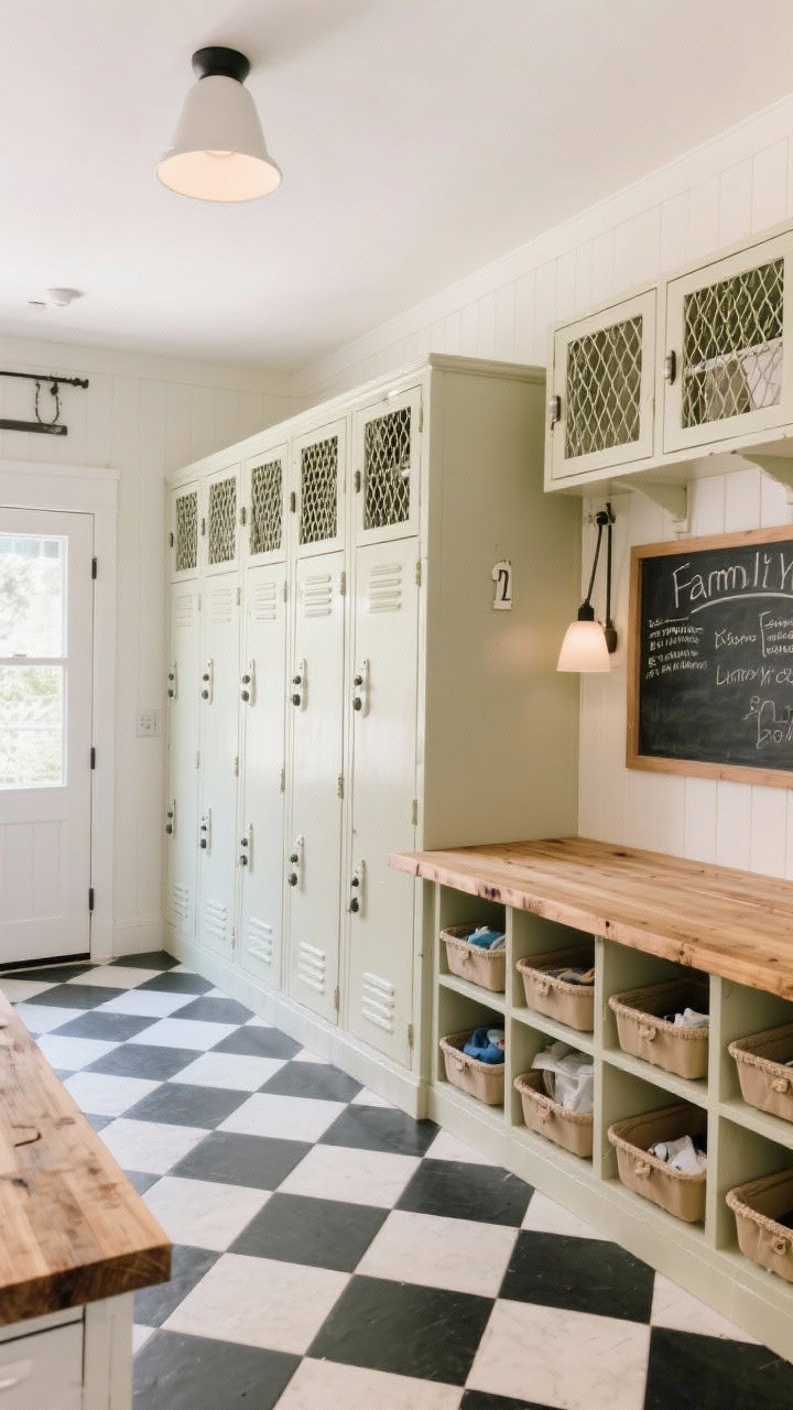 Wide shot, farmhouse laundry room: along one wall, tall locker-style cabinets in soft putty with wire-mesh upper doors and solid lower doors; enamel number plates on each locker; butcher-block folding counter spanning room; black-and-white checkerboard tile flooring; chalkboard for family notes; individual lower cubbies with tray liners for messes; bright practical lighting; cozy yet functional, straight-on wide view.
