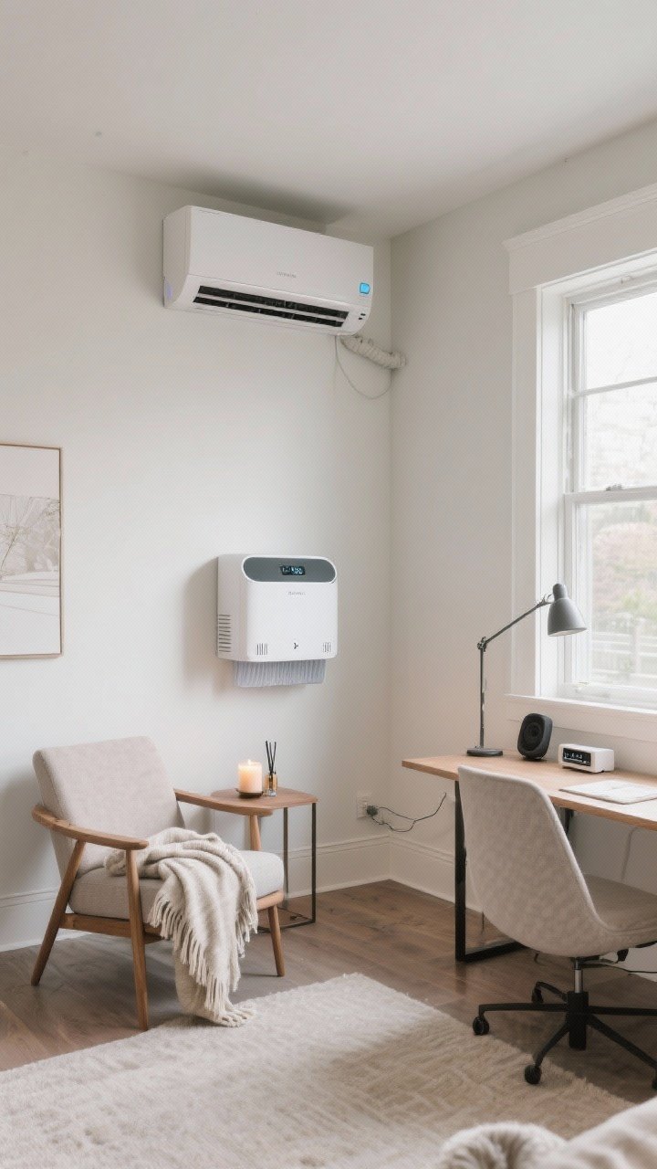 Wide shot: Finished envelope and comfort—a dehumidifier set to 45% in a corner, a ductless mini-split unit mounted high on the wall, a sleek air purifier near the desk, walls and rim joists insulated with clean finishes, and a vapor barrier under visible flooring; layered comfort add-ons: cozy throw on a chair, candle or diffuser on a side table, subtle playlist setup on a small speaker; clean, healthy, welcoming vibe.