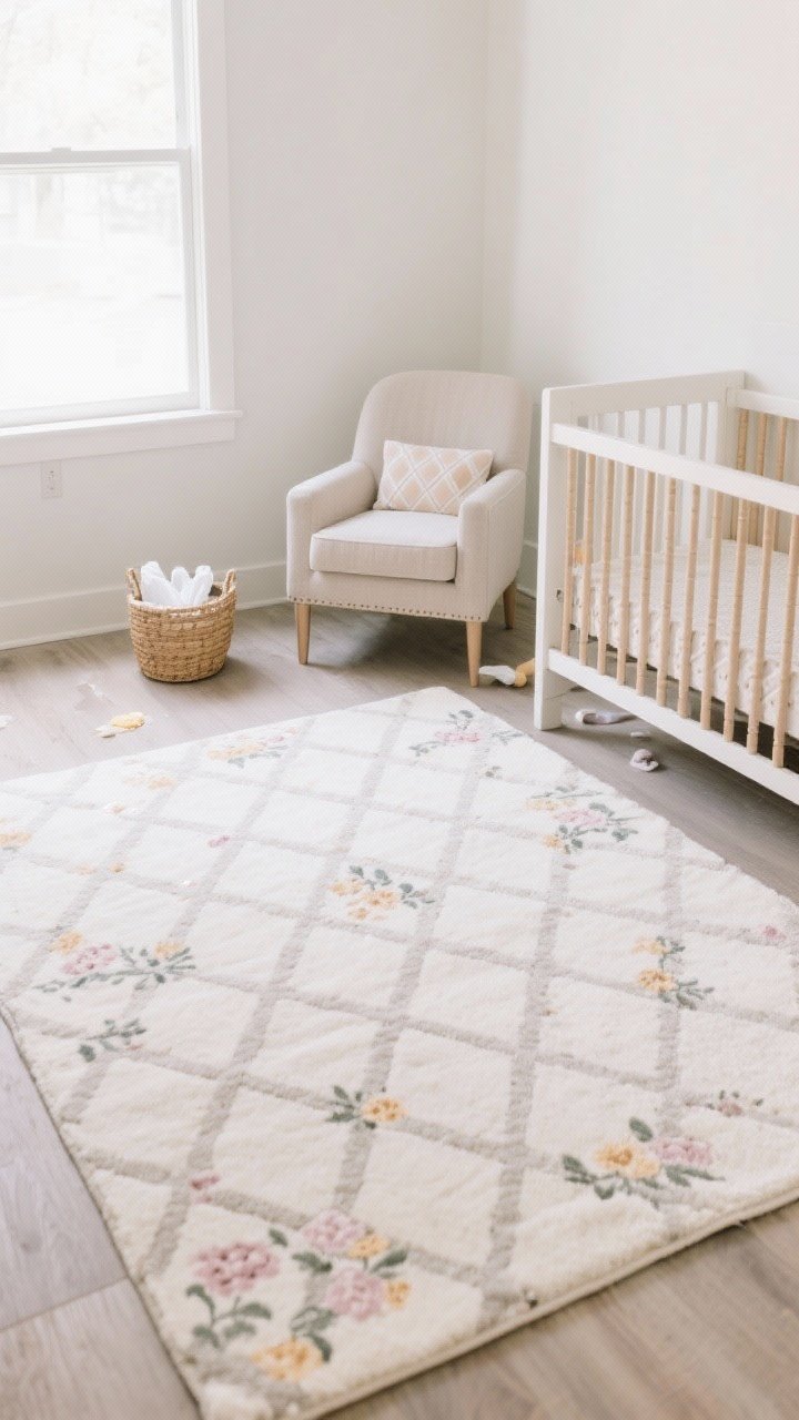 Wide shot floor focus: A nursery anchored by a large washable rug in a low-pile texture, soft underfoot and extending beneath both the crib and the chair to unify zones; subtle floral-and-diamond pattern that hides stains while adding dimension; clean-lined furniture and spill-prone area subtly implied with a small basket of wipes nearby, bright natural lighting.
