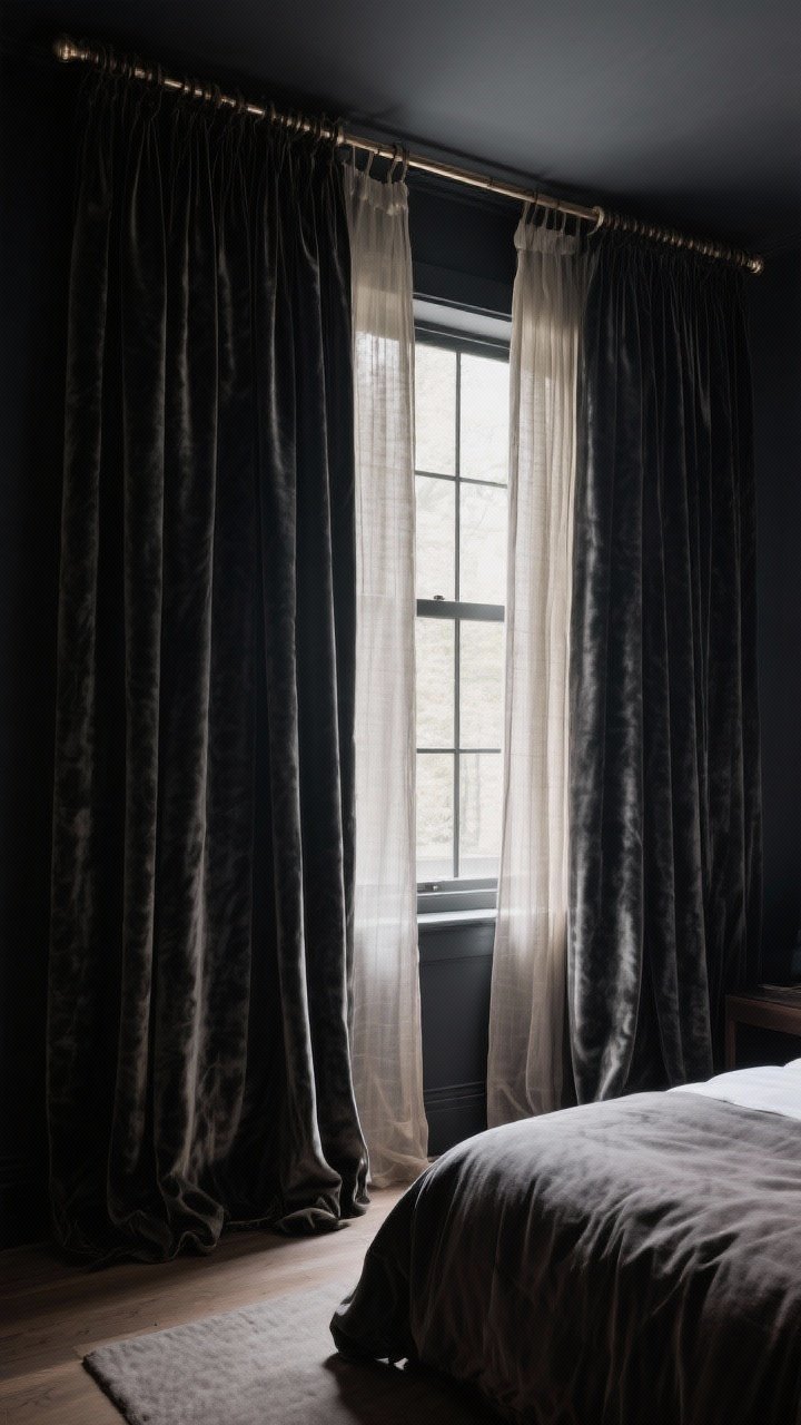 Wide shot: Floor-to-ceiling curtain drama in a moody bedroom—velvet blackout panels on a double rod layered with sheer linen for daytime, rods hung high and extending 6–12 inches wider than the window to frame glass; heavy folds with lush fullness, cinematic low light filtering through sheers, rich shadows on dark walls.