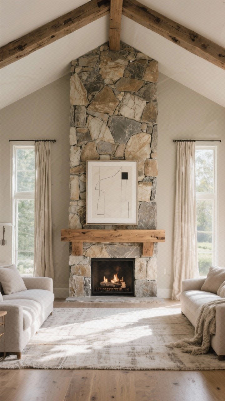 Wide shot, floor-to-ceiling stone fireplace in a vaulted living room with exposed beams; stone has varied tones and gentle veining for visual movement; a chunky floating wood mantel breaks the vertical line; tight neutral palette with stone undertones matched to warm greige walls; soft linen drapes frame tall windows; oversized minimalist art rests on the mantel; soft afternoon natural light with gentle shadows; cozy textures layered on a pale rug; no people, photorealistic, straight-on perspective.