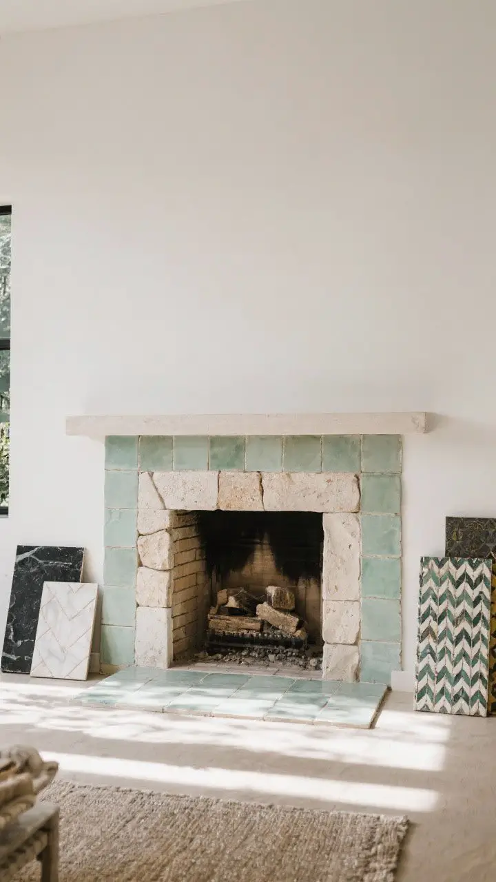 Wide shot focusing on the fireplace surround upgraded with tile/stone accents: choose one mood—eclectic with Moroccan zellige in soft sage/ivory variation, slightly irregular surface for handcrafted sheen, grout closely matched for a calm look. Mantel minimal to highlight the surround. Alternate suggestions visible in styling cues (sample boards leaning nearby): black slate and Cararra herringbone, but keep the installed choice zellige. Daylight raking across tiles to show texture. Straight-on architectural shot.