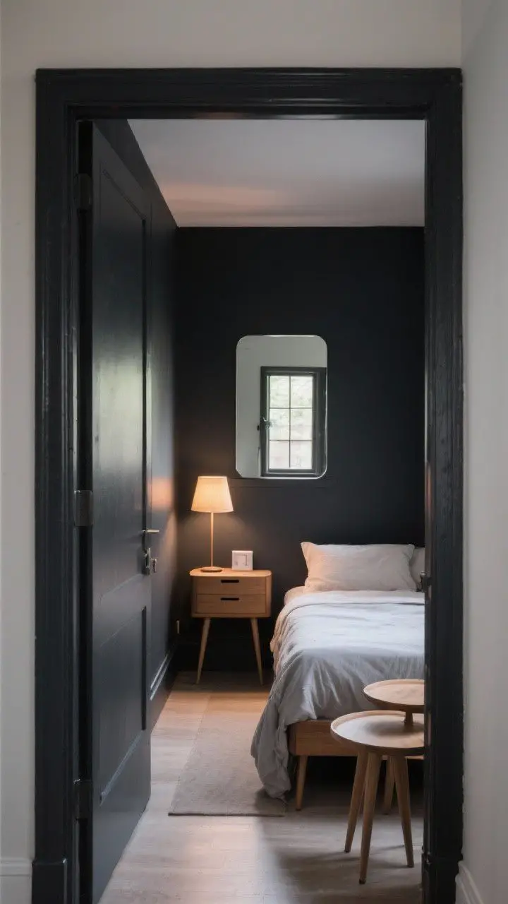 Wide shot for a small room: Cozy dark envelope—walls, trim, and doors painted in the same soft black to blur corners; light bedding for contrast, leggy mid-century nightstands and bed to keep the floor visible; a strategically placed mirror reflects a window and a warm lamp to expand light; minimal clutter with a storage bed and nesting tables; perspective from a corner to emphasize depth in a compact footprint.