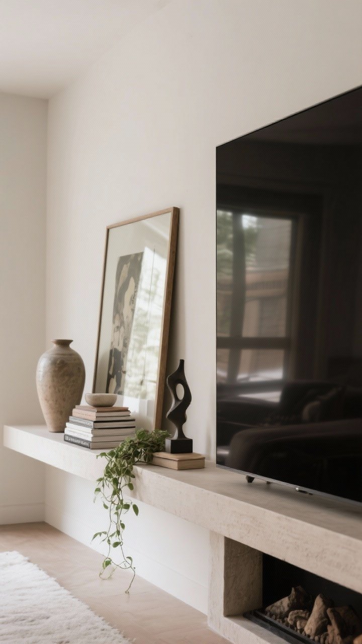 Wide shot from a low corner angle of a long, mantel-style shelf mounted above the TV: layered decor includes an anchoring large mirror and artwork leaned casually, stacked books, a tall ceramic vase, a sculptural object, and a small trailing plant; items slightly offset for an effortless feel; neutral walls and restrained color story; balanced daylight highlighting layers and depth; photorealistic.