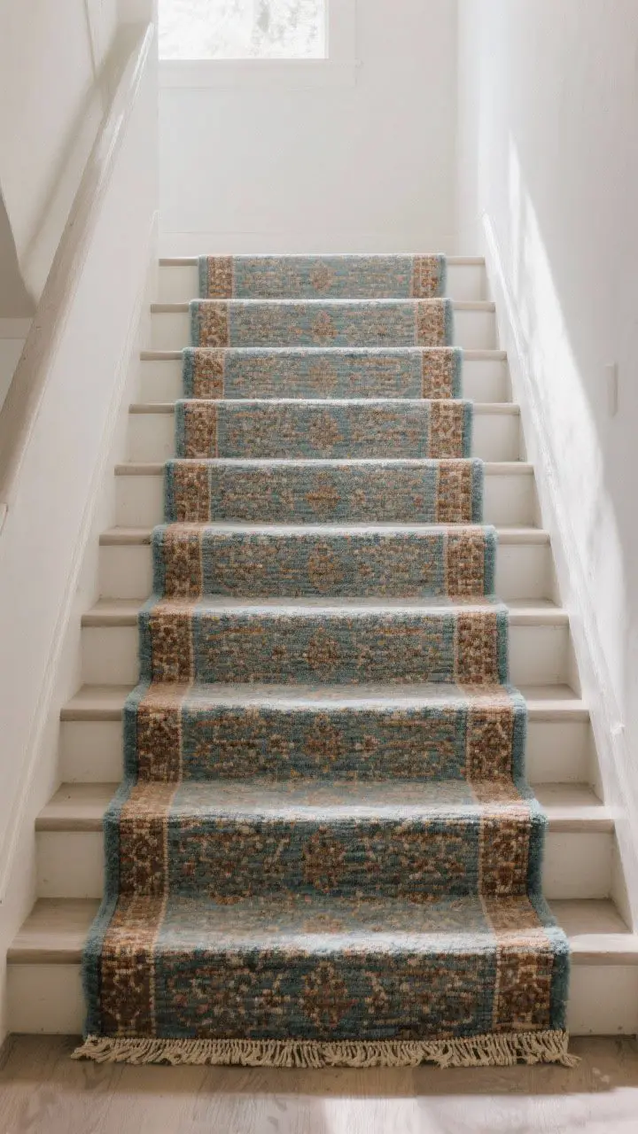Wide shot from the bottom of stairs looking up at a coordinated stair runner continuing onto the landing as a custom-cut piece. Flatweave, low-pile textile in a subtle Persian-inspired pattern with muted blues and clay tones; rug tape keeping edges crisp and secure. Natural daylight grazing the texture, highlighting continuity and warmth underfoot.