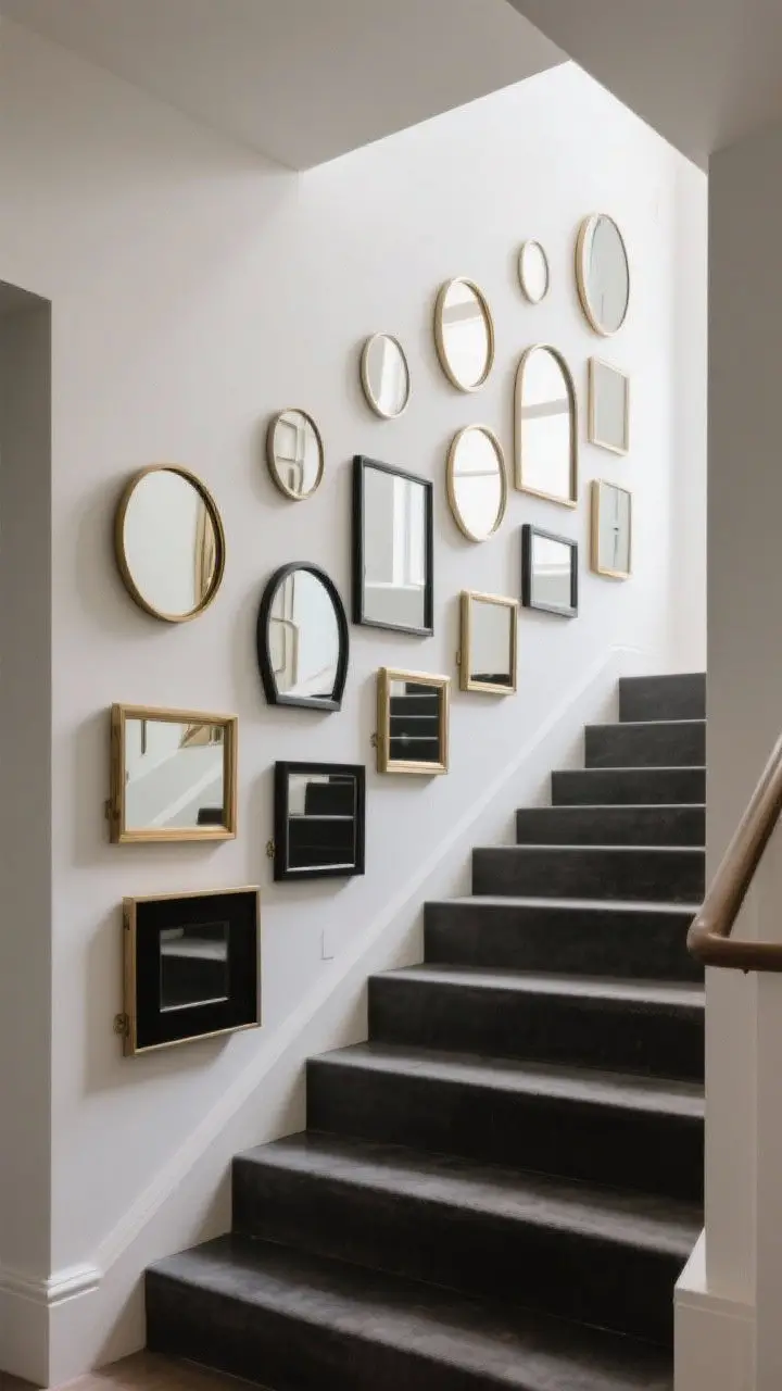 Wide shot from the upper landing looking down: A mirror matrix on the staircase accent wall, arranged in a stair-step pattern that follows the incline. Mixed shapes—round, arched, and rectangular—reflect light into a previously dim stairwell. Frames are cohesive in two finishes: brushed brass and matte black. Secure, low-profile mounting; minimal surrounding decor; brightened space with layered reflections.